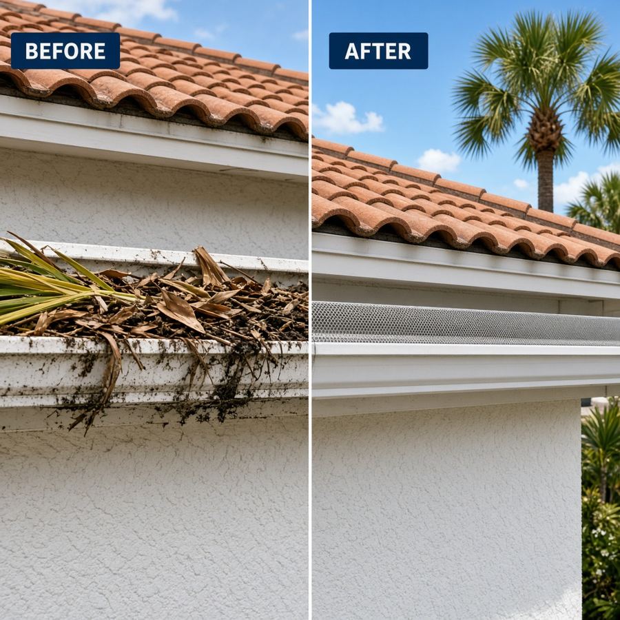 Illustration: a gutter clogged with palm debris next to a gutter with a mesh guard