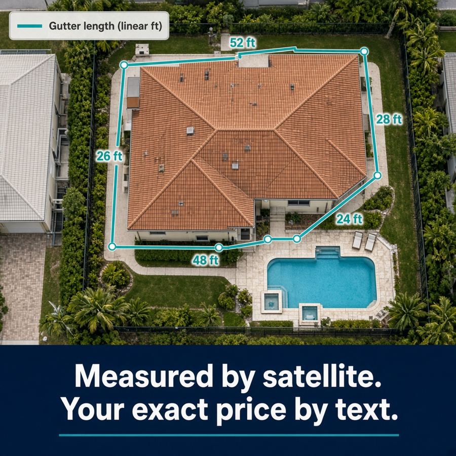Illustration of gutter runs measured in linear feet on an aerial view of a South Florida home